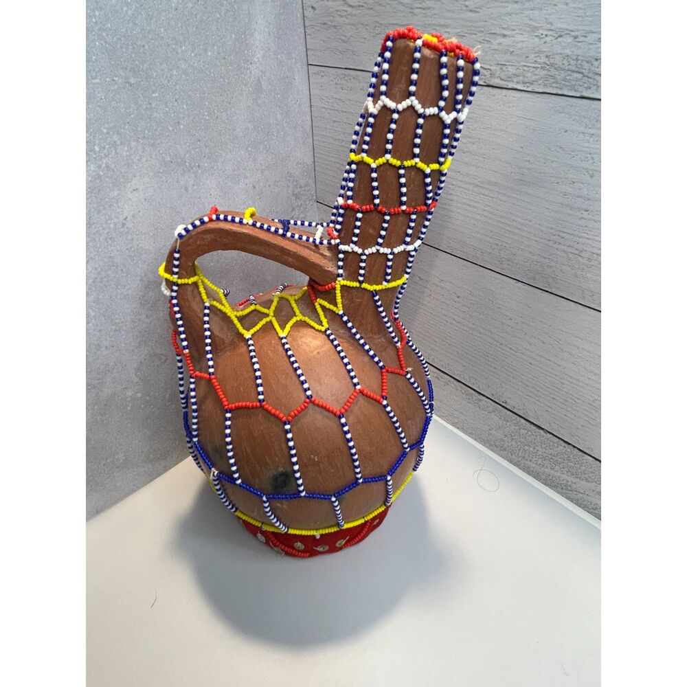 Hand Beaded Terracotta Clay Pot Folk Art Vessel 11in Tall Tribal Style Decor